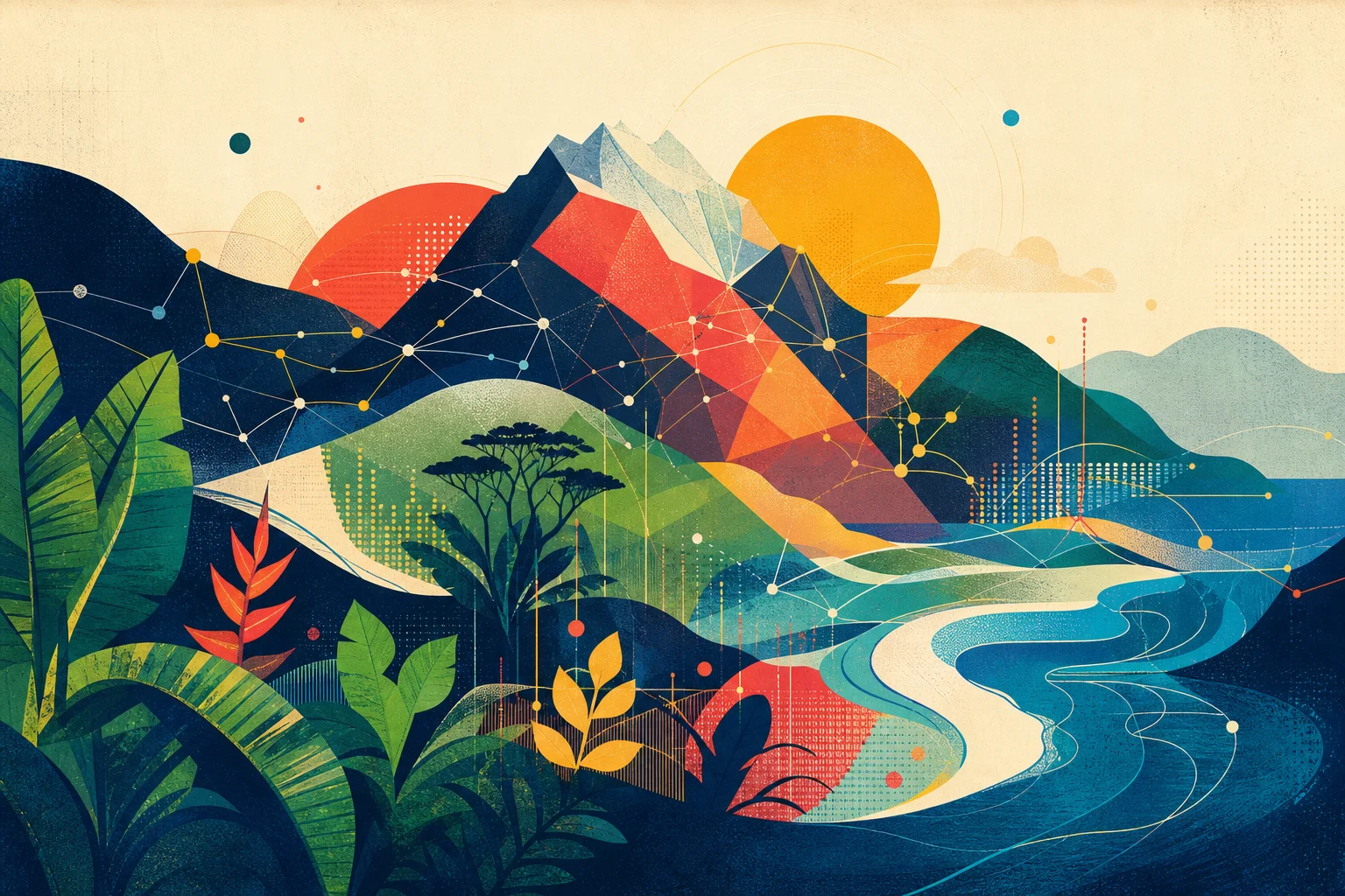 Paisaje latinoamericano ilustrado conectado por una red de datos